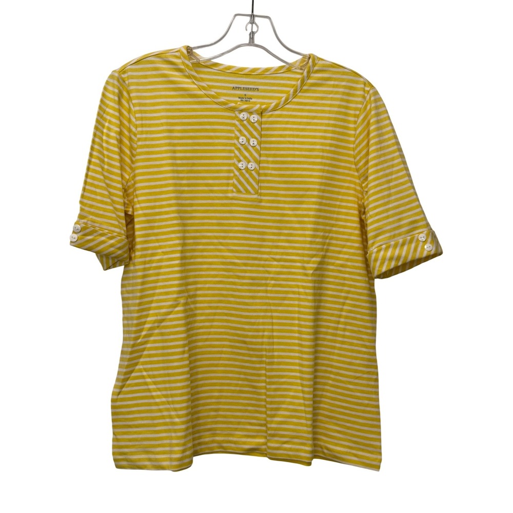 Appleseed's Womens Yellow White Striped Cotton Henley Short Sleeve Top Size S
